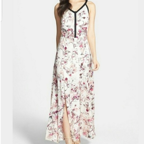 Chelsea28 Dresses & Skirts - Chelsea 28 Pink/Cream Cherry Bloosom Print Maxi Dress with Black Trim,Size M.